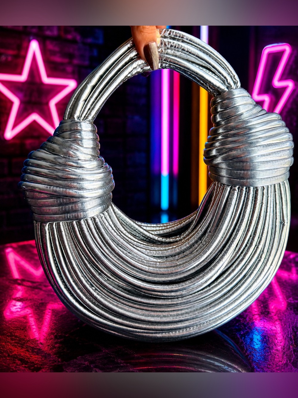 Metallic Silver Sculptural Circular Y2K Hobo Statement Purse EUC